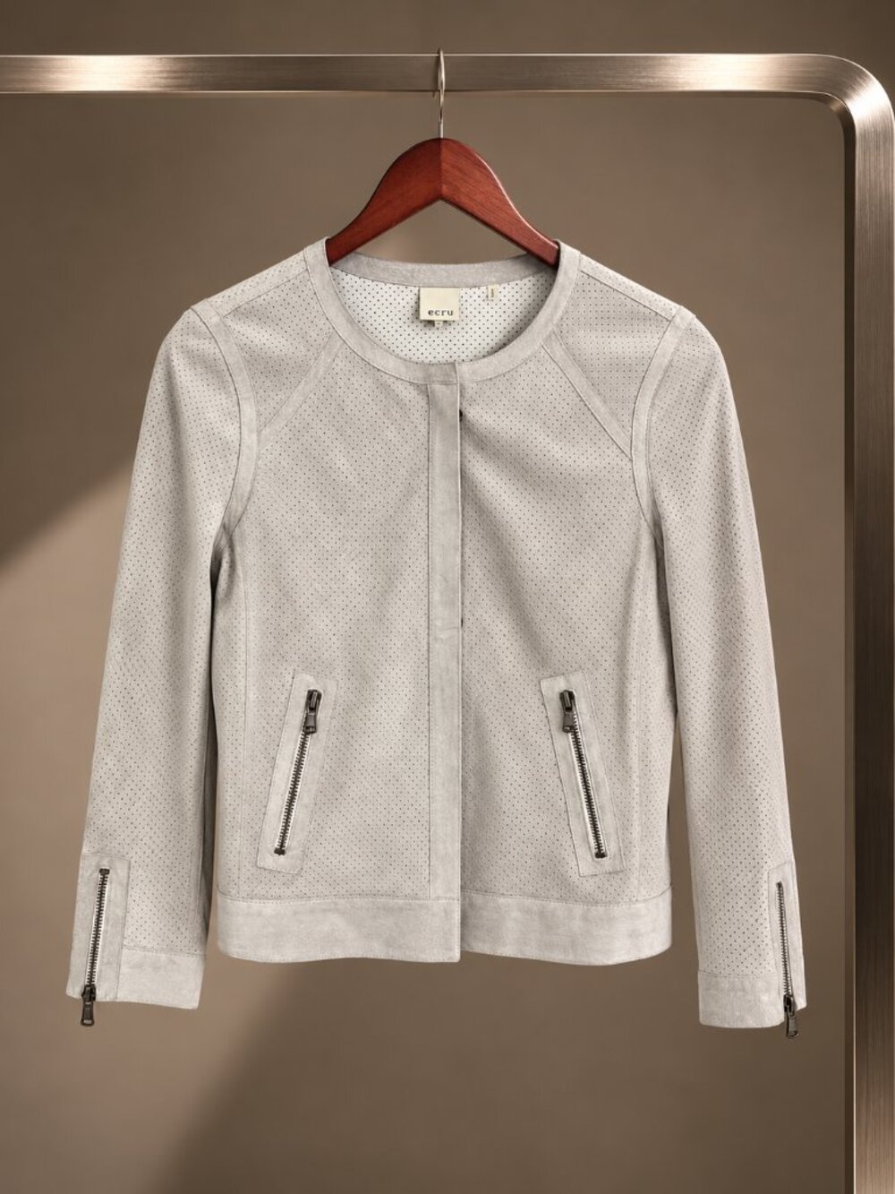 ecru Light Grey Perforated Suede Collarless Moto Jacket Zip Pockets Cuffs XS